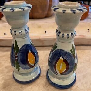 Handmade art Pottery blue candlestick candleholders x2 Puerto Rico 6-1/4”